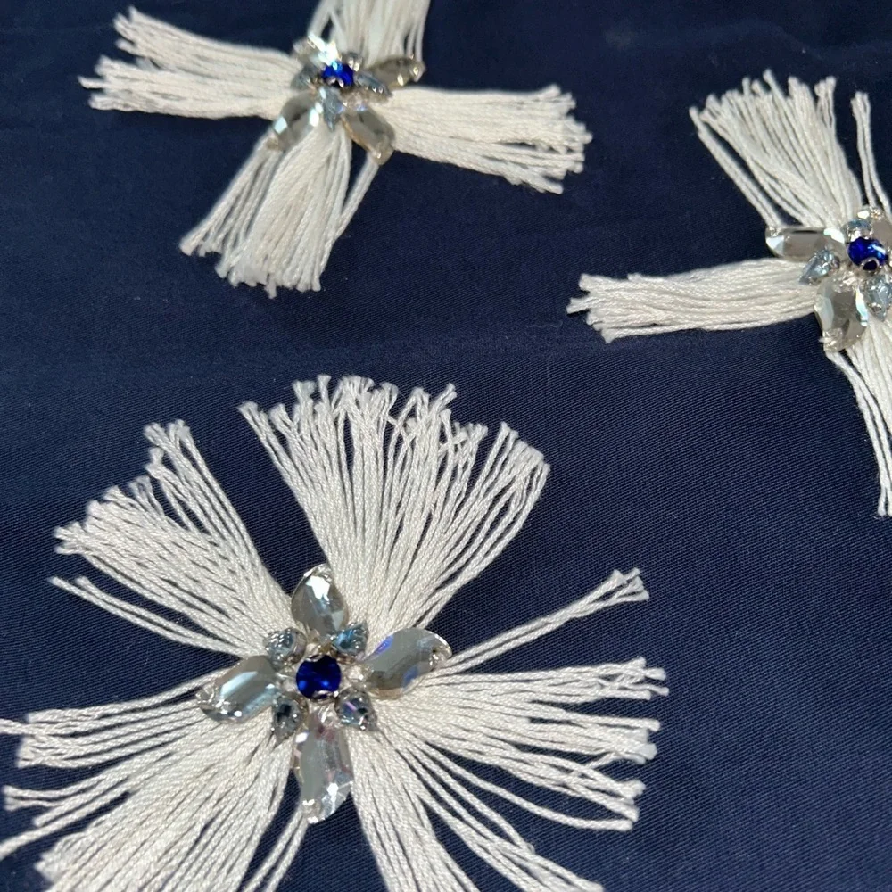 🍀3 for &25 Safavieh Throw Pillow Navy Blue White Tassel Star Crystal Beaded